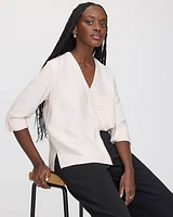 Long-Sleeve V-Neck Blouse with Chest Pocket