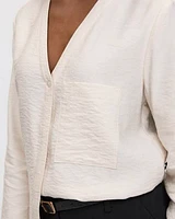 Long-Sleeve V-Neck Blouse with Chest Pocket