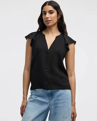 Short-Flutter-Sleeve Split-Neck Buttoned-Down Blouse