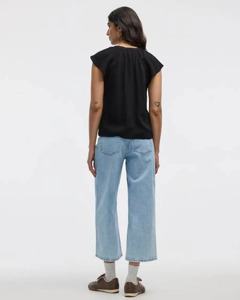 Short-Flutter-Sleeve Split-Neck Buttoned-Down Blouse