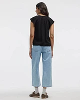 Short-Flutter-Sleeve Split-Neck Buttoned-Down Blouse