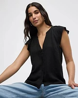 Short-Flutter-Sleeve Split-Neck Buttoned-Down Blouse
