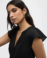 Short-Flutter-Sleeve Split-Neck Buttoned-Down Blouse