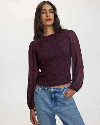 Long-Sleeve Crew-Neck Fitted Blouse with Smocks