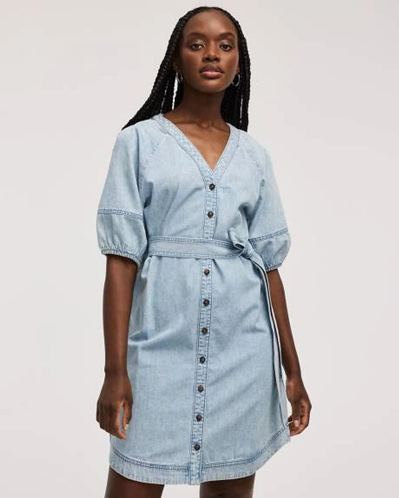 Short-Puffy-Sleeve Buttoned-Down Denim Dress