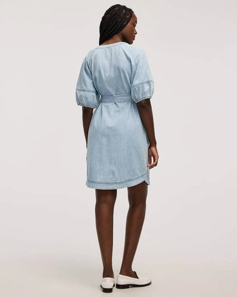 Short-Puffy-Sleeve Buttoned-Down Denim Dress