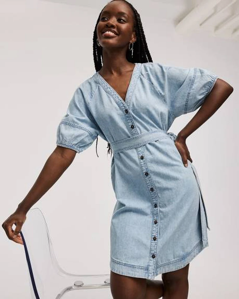 Short-Puffy-Sleeve Buttoned-Down Denim Dress