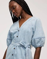 Short-Puffy-Sleeve Buttoned-Down Denim Dress