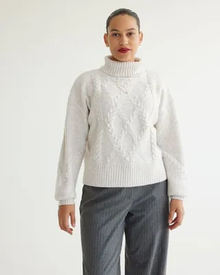 Long-Sleeve Turtleneck Sweater with Pearl Embellishments