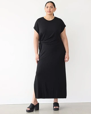 Extended-Sleeve Crew-Neck Midi Dress with Knot Detail