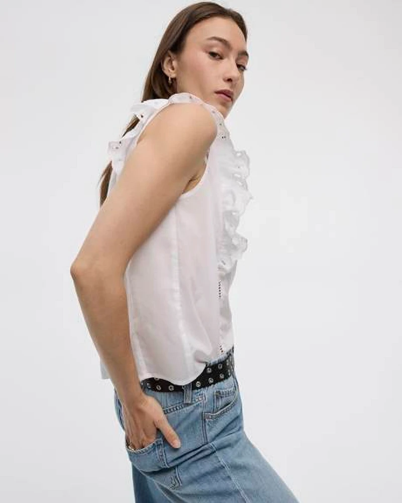Blouse à col rond et manches très courtes avec broderies