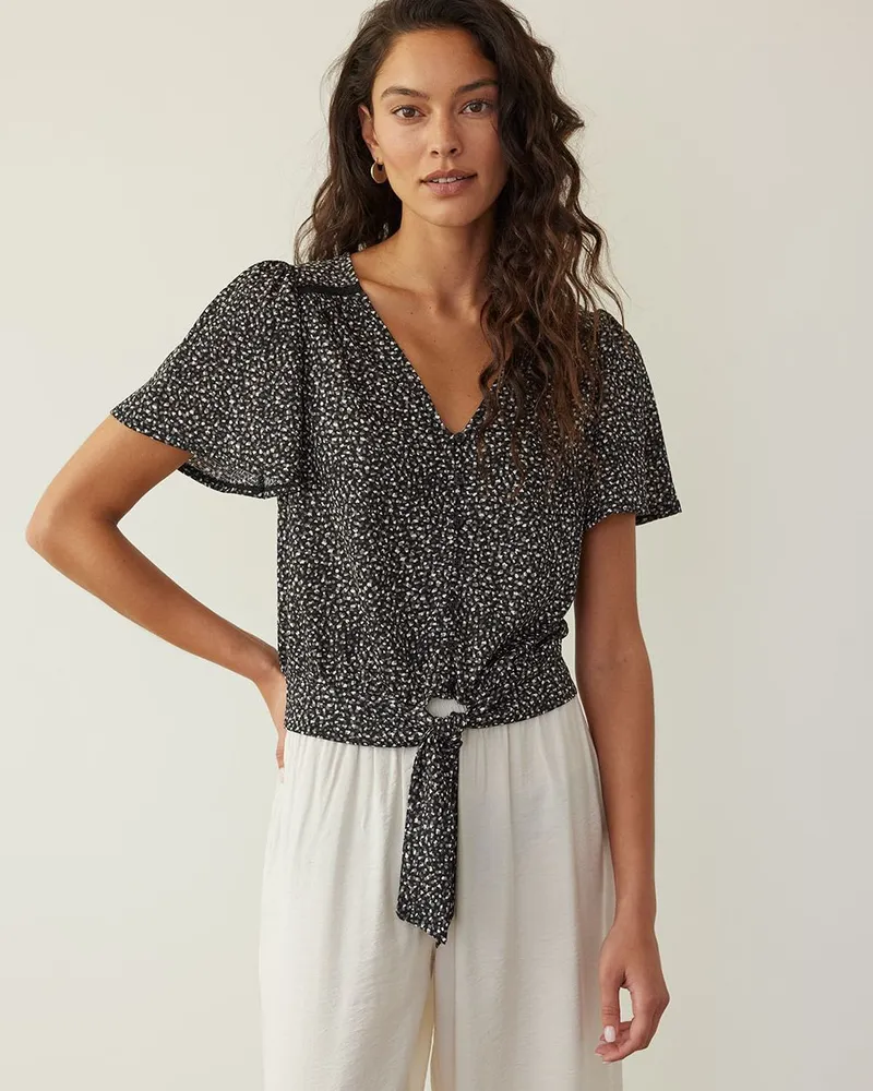 V-Neck Top with Short Flutter Sleeves, Regular