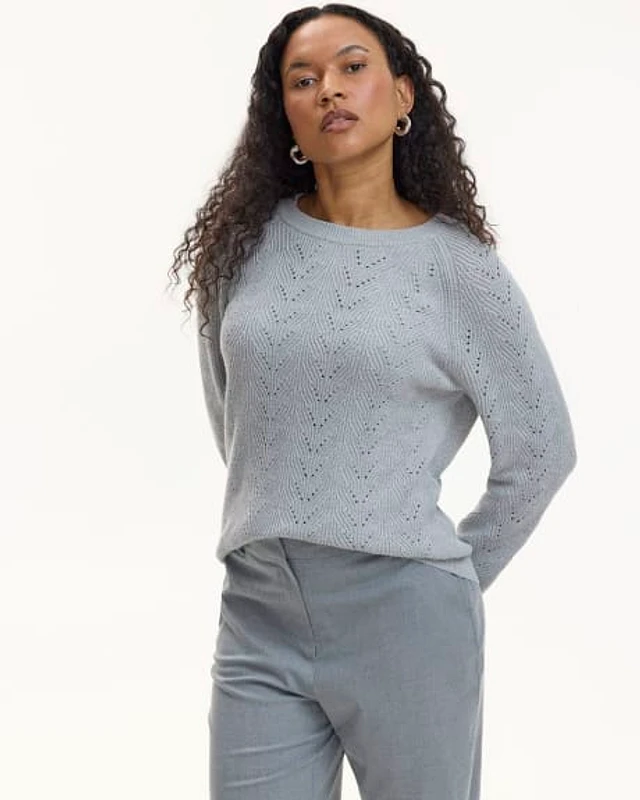 Long-Sleeve Crew-Neck Sweater with Pointelle Stitches