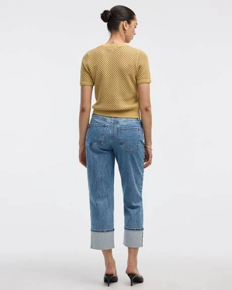 Short-Sleeve Crew-Neck Open-Stitch Pullover
