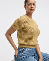 Short-Sleeve Crew-Neck Open-Stitch Pullover