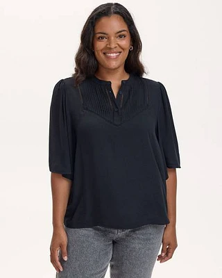 Short-Sleeve Loose Blouse with Pintuck and Fagoted Details