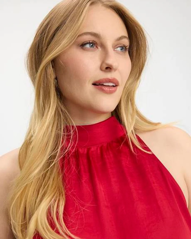 Sleeveless Satin Top with Halter Neckline