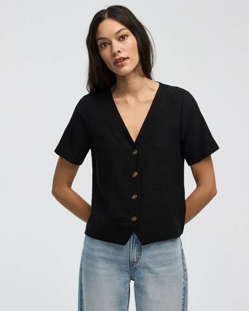 Short-Sleeve V-Neck Buttoned-Down Blouse