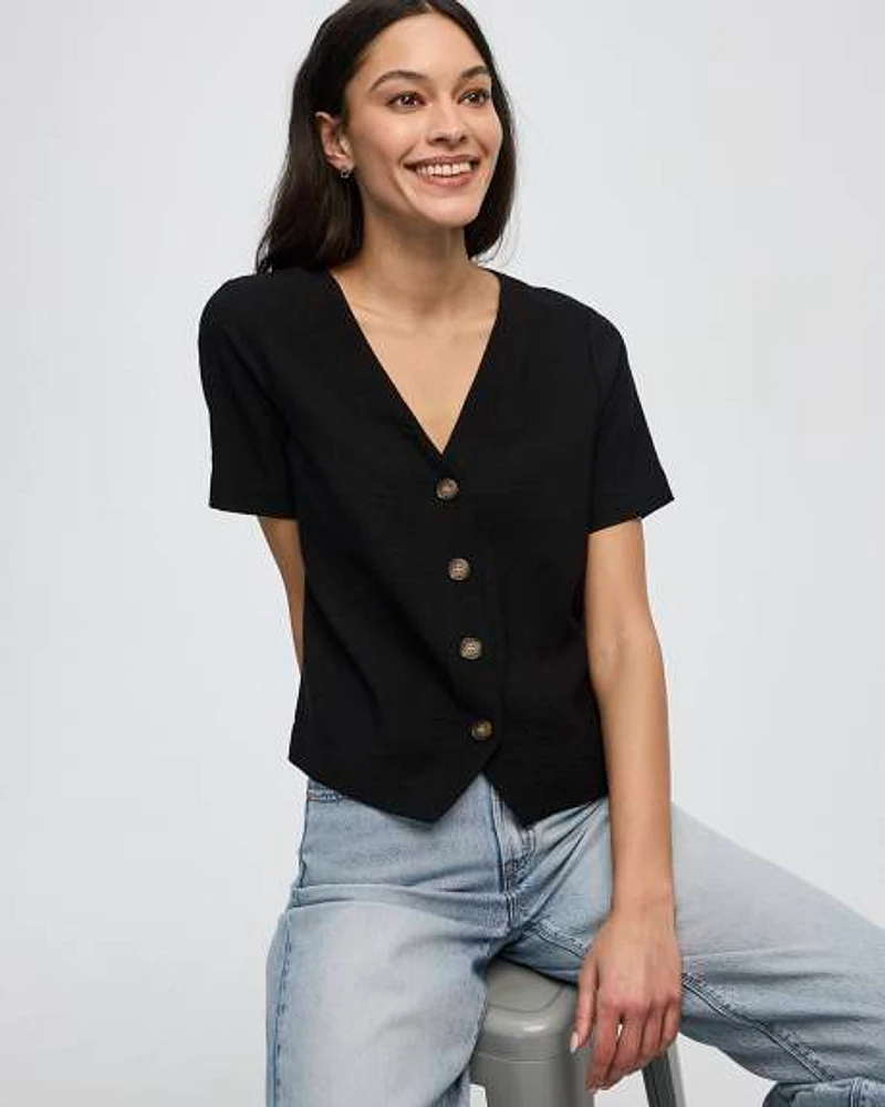 Short-Sleeve V-Neck Buttoned-Down Blouse