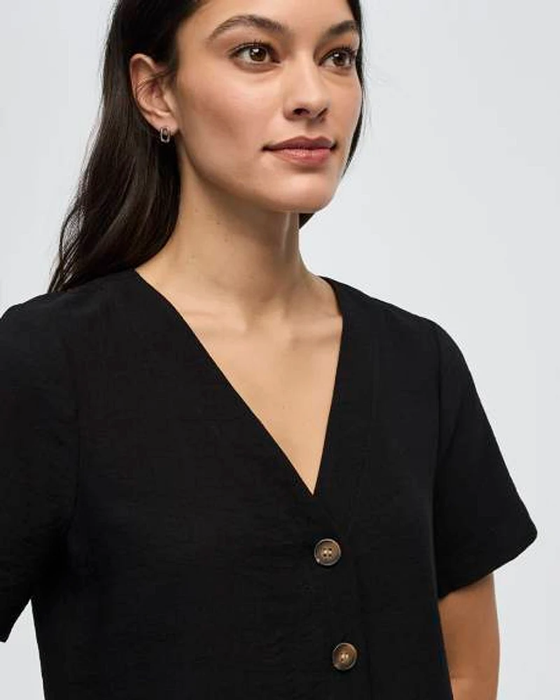 Short-Sleeve V-Neck Buttoned-Down Blouse