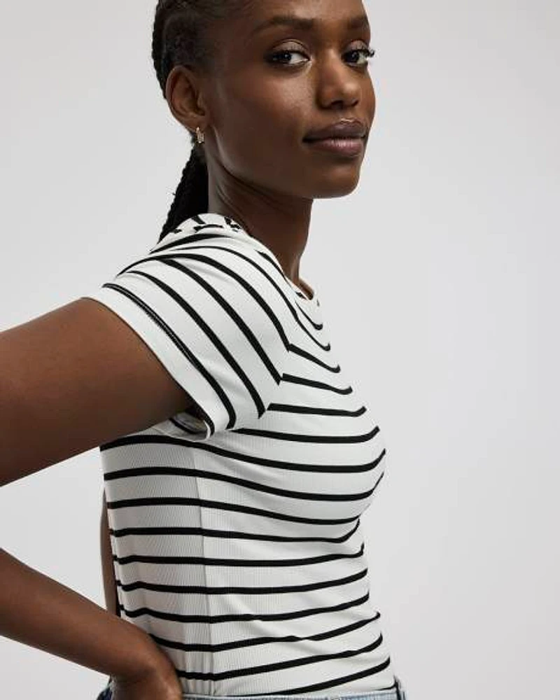 Ribbed Fitted Crew Neck T-Shirt with Stripes