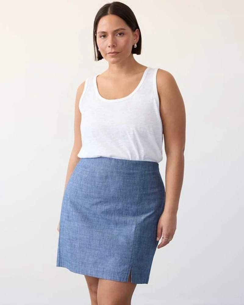 Straight Chambray Mini Skirt with Front Slit