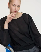 Long-Sleeve Crew-Neck Blouse with Smocked Hem