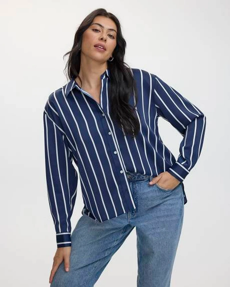 Satin Long-Sleeve Buttoned-Down Blouse