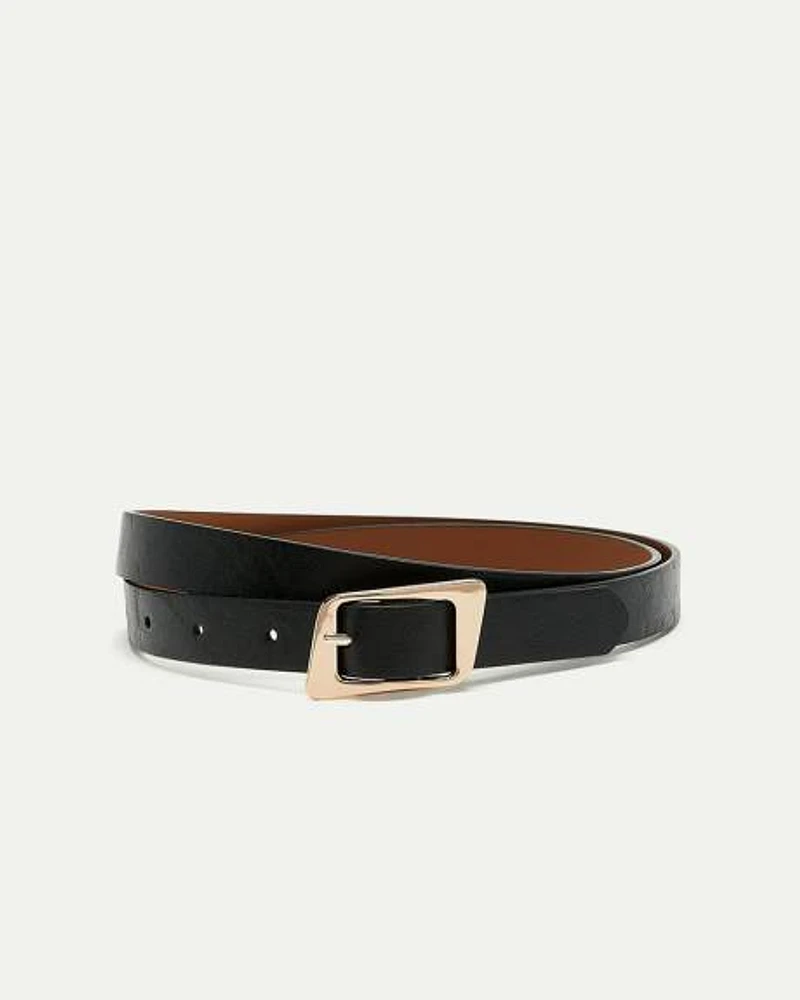 Skinny Faux Leather Belt with Angled Buckle