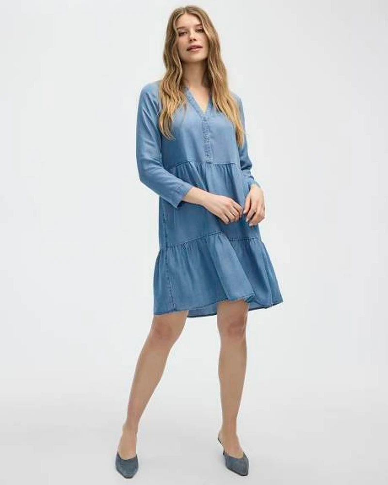 Long-Sleeve Split-Neck Tiered Dress