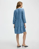 Long-Sleeve Split-Neck Tiered Dress