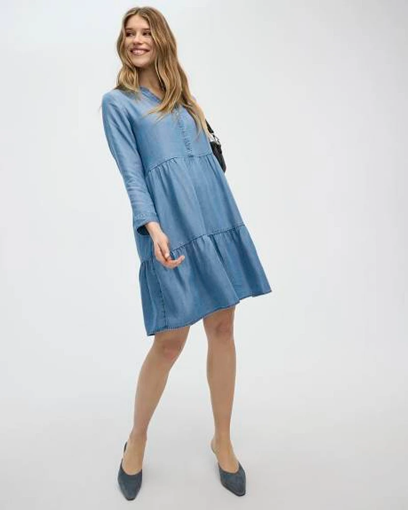 Long-Sleeve Split-Neck Tiered Dress