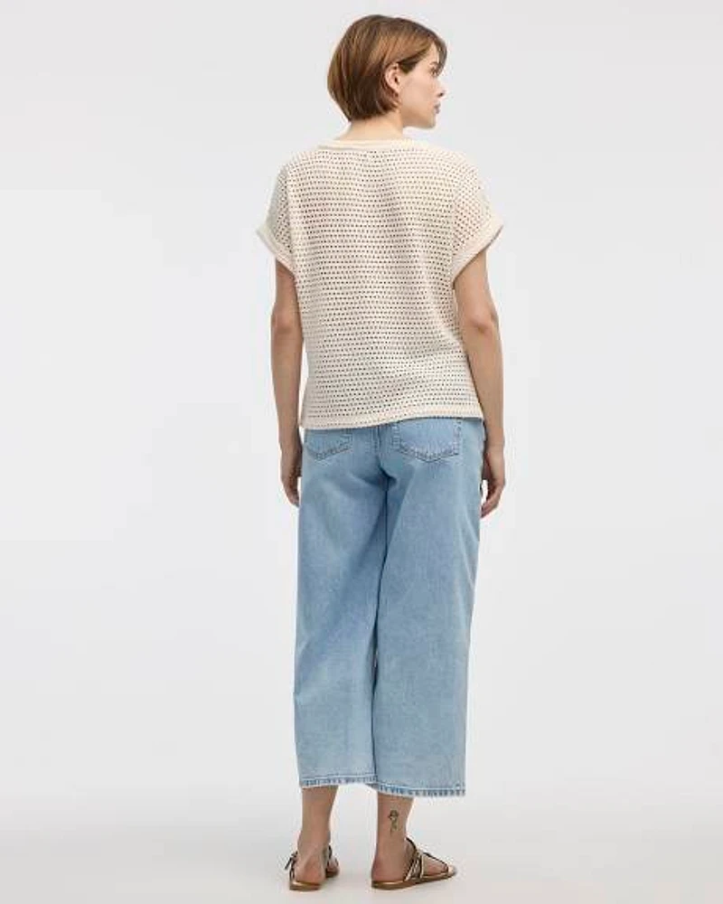 Extended-Sleeve Boat-Neck Mesh Top