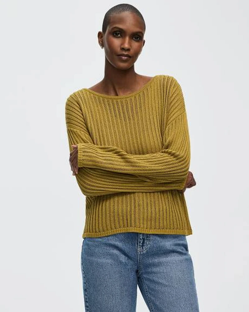 Long-Sleeve Boat-Neck Open-Stitch Pullover