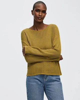 Long-Sleeve Boat-Neck Open-Stitch Pullover