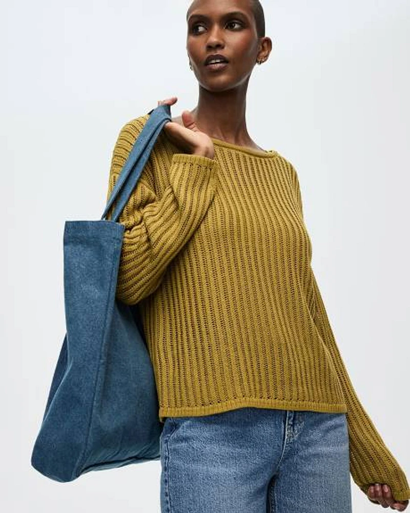Long-Sleeve Boat-Neck Open-Stitch Pullover