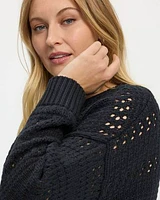 Long-Sleeve Crew-Neck Open-Stitch Pullover