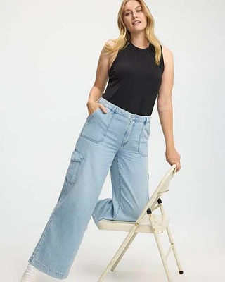 Pantalon cargo en denim à jambe large et taille haute