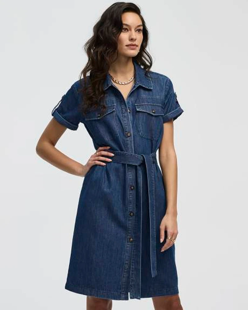 Short-Sleeve Buttoned-Down Denim Dress