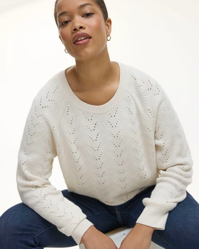 Long-Sleeve Crew-Neck Sweater with Pointelle Stitches