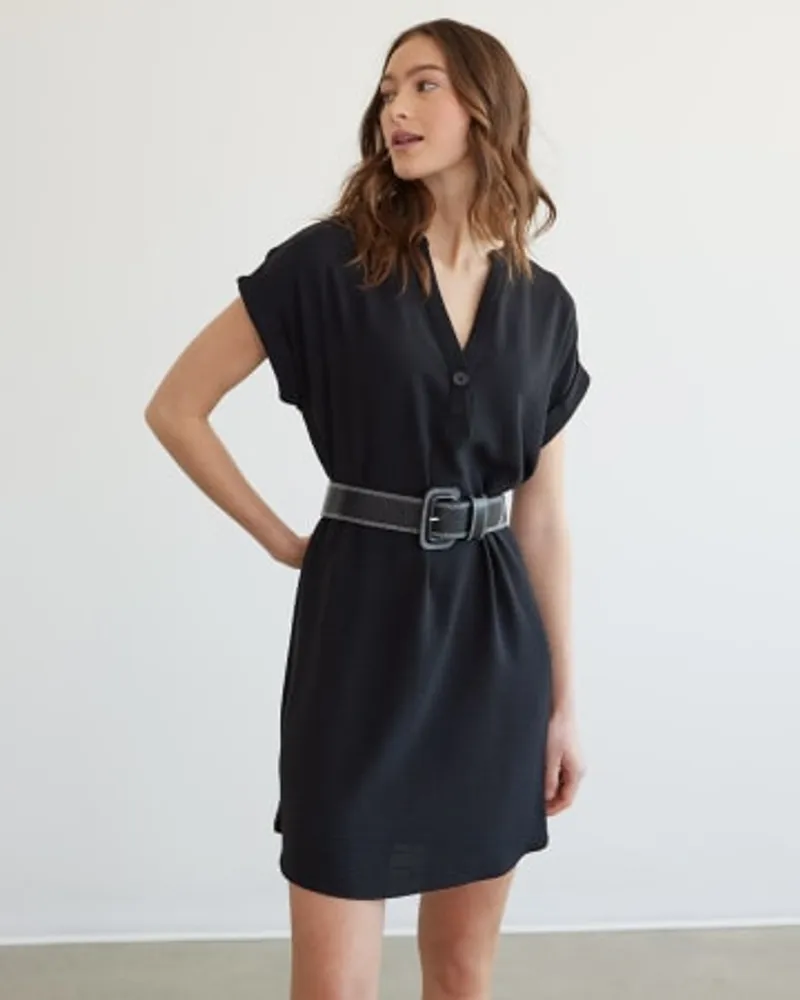 Short-Sleeve Swing Dress with Wrap Neckline