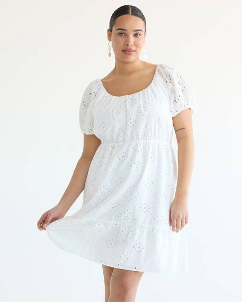 Short-Puffy-Sleeve Eyelet Dress with Scoop Neckline