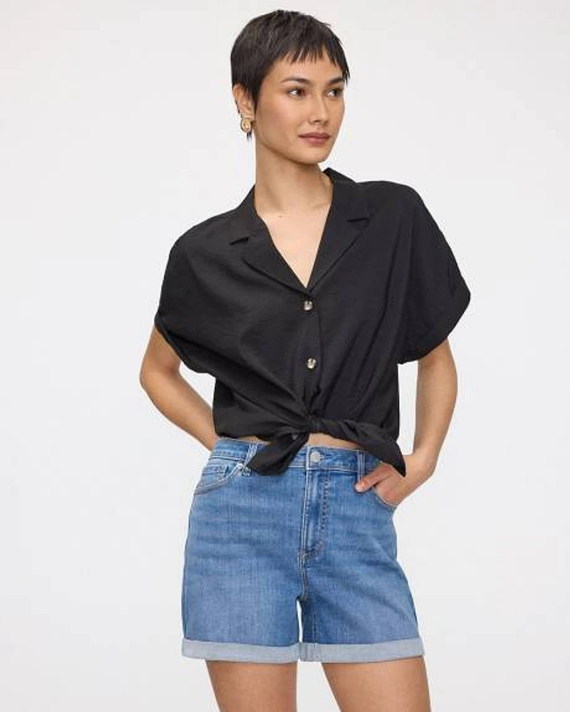 Short en jean à taille mi-haute ourlet roulé