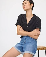 Short en jean à taille mi-haute ourlet roulé