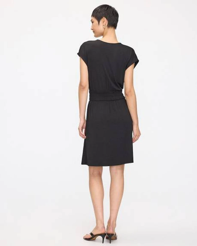 Short-Sleeve V-Neck Dress with Elastic Waistband