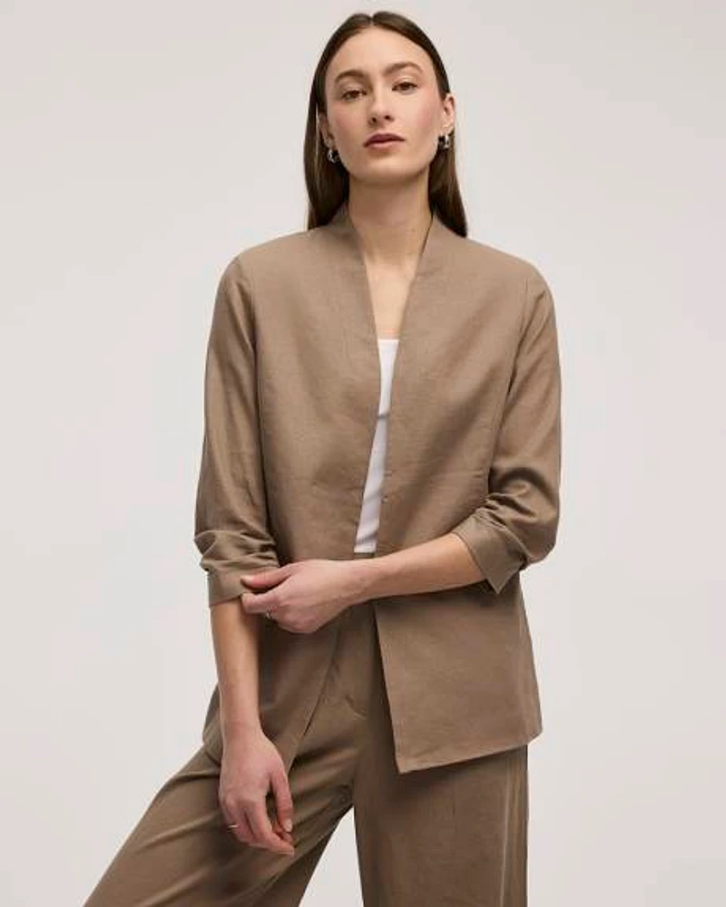 Open Linen Blazer with Ruched Sleeves