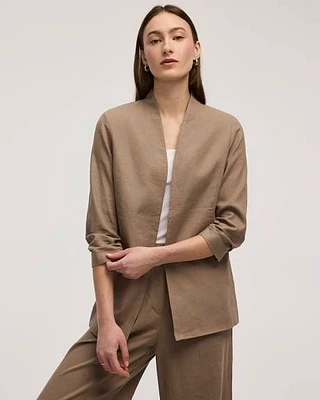 Open Linen Blazer with Ruched Sleeves