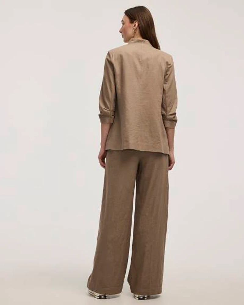 Open Linen Blazer with Ruched Sleeves