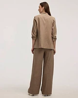 Open Linen Blazer with Ruched Sleeves