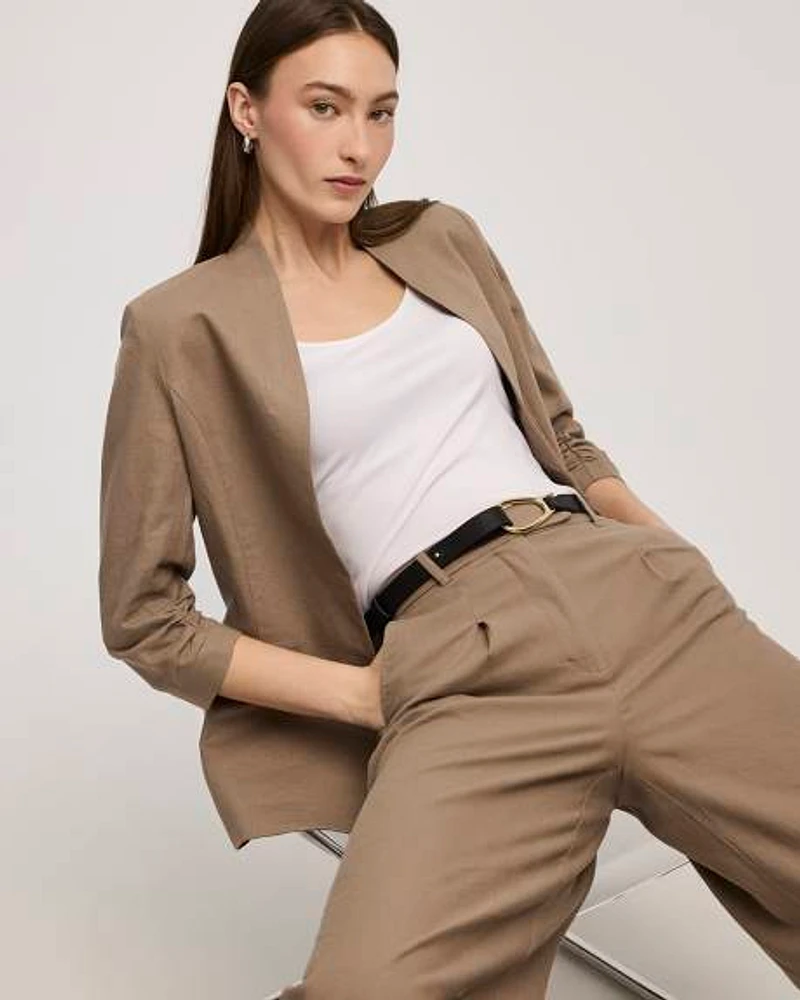 Open Linen Blazer with Ruched Sleeves